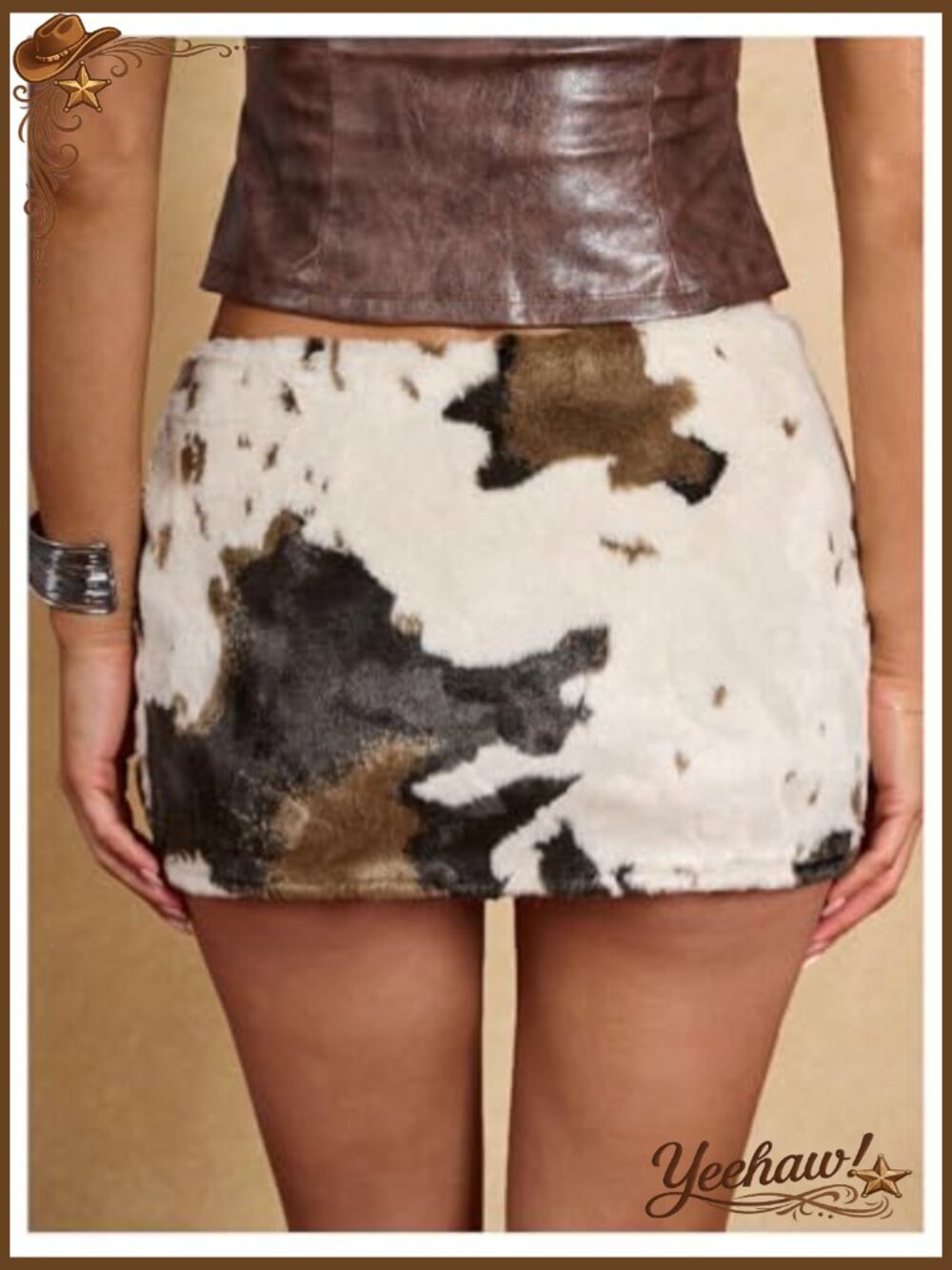 Faux Fur Cow Print Mini Skirt Fuzzy Low Waist Bodycon Party Skirt - Picture 3 of 5